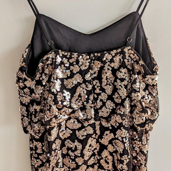Women's Mini Dress Spaghetti Strap Rose Gold Sequined Blouson Fitted Small - Picture 6 of 7